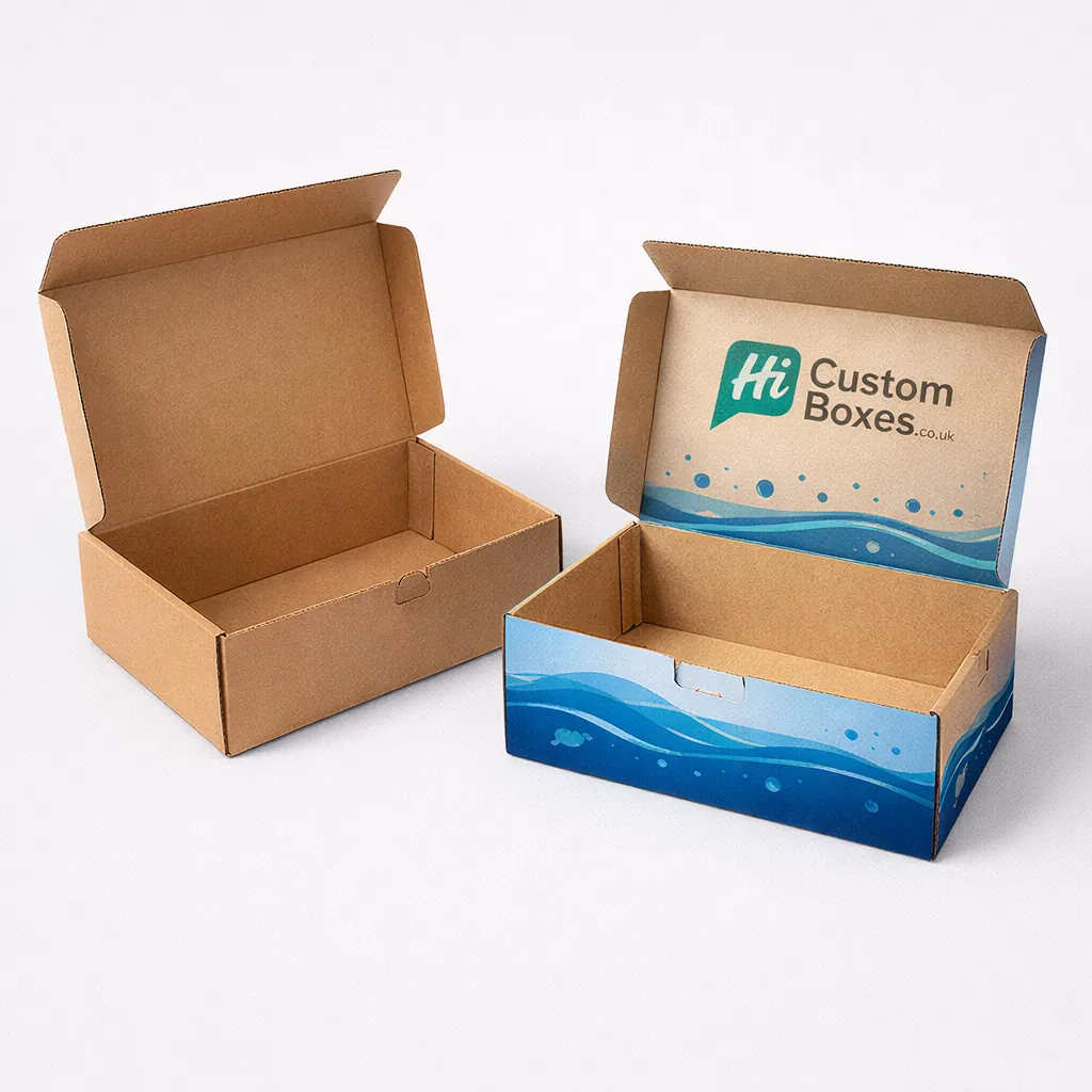 Two cardboard counter display units with high backboards, showcasing custom aquatic themes and logos. class=